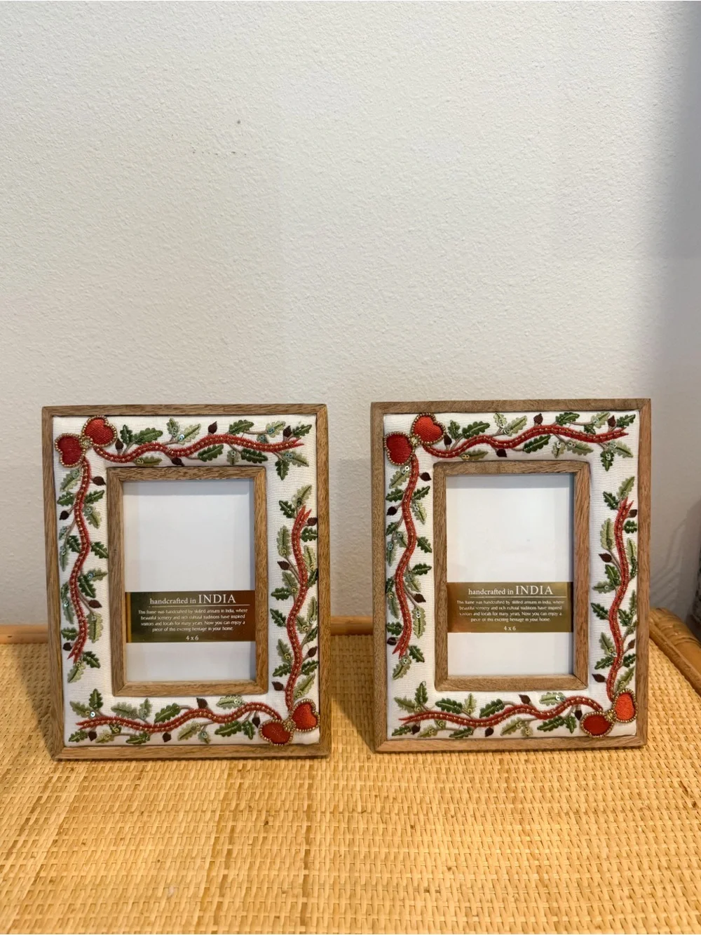 Anthropologie 4x6 Orange and Green Beaded Floral Photo Frames (Set of 2)